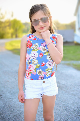 Blue Floral Sleeveless Leotard (Tank)