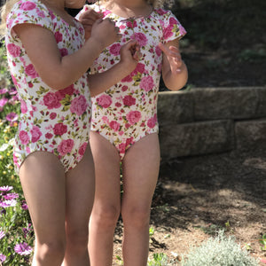 Cream Floral cap sleeve Leotard (short sleeve)