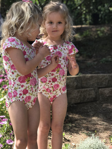 Cream Floral cap sleeve Leotard (short sleeve)