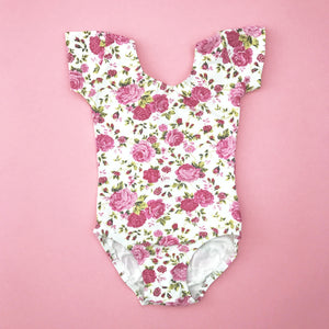 Cream Floral cap sleeve Leotard (short sleeve)