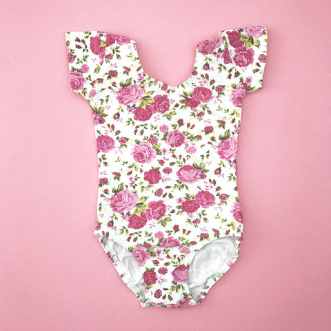 Cream Floral cap sleeve Leotard (short sleeve)